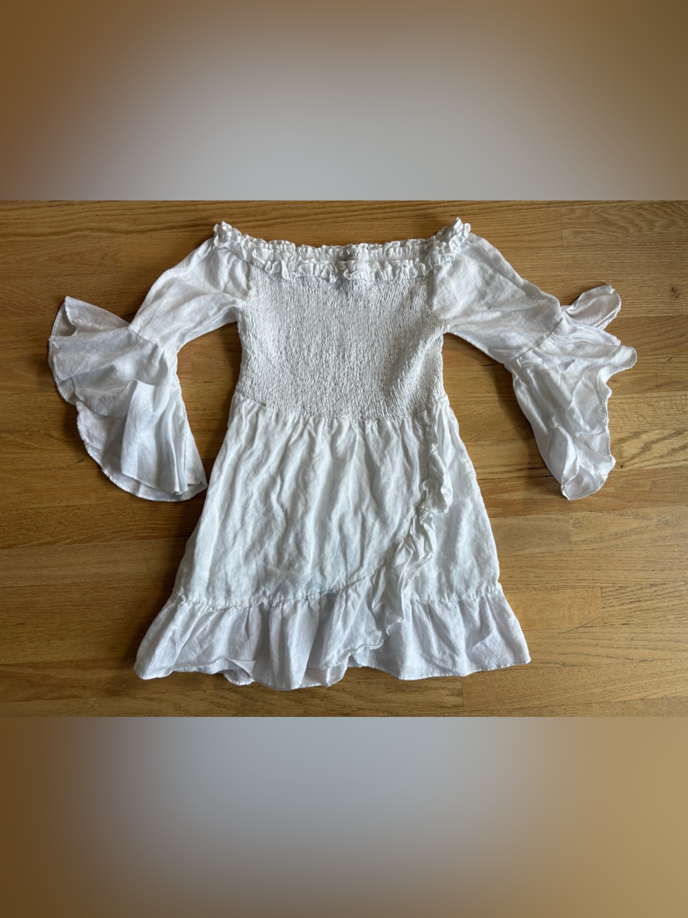 Dance & Marvel White Off-Shoulder Smocked Tunic with Ruffle Sleeves
